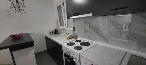 kuchnia z kuchenką i blatem w obiekcie Mario apartment w mieście Strumica
