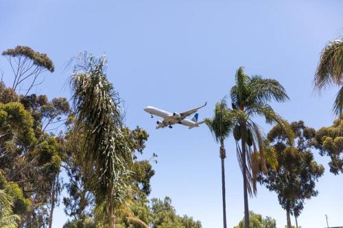an airplane is flying over palm trees at Luxurious One Bedroom Suite with Balboa Park View in San Diego