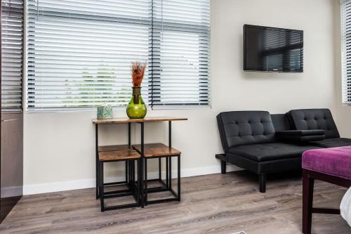 a living room with a couch and a table with a vase at Next to San Diego Downtown - Cali King Size Studio in San Diego