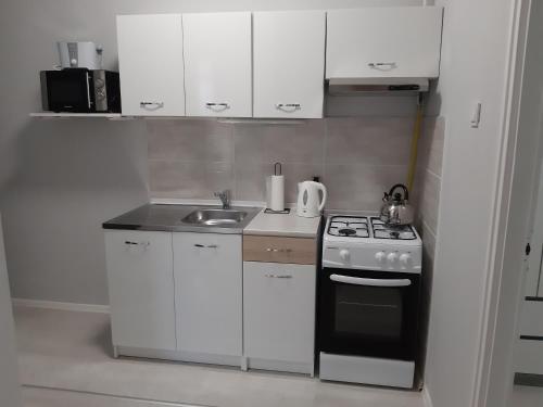 a small kitchen with a stove and a sink at Jade Vendégház in Pápa