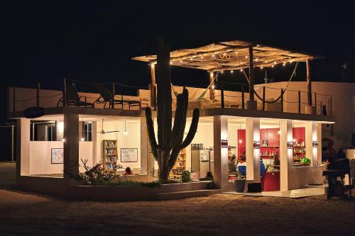 a house with a cactus in front of it at night at La Ventana Hostel in La Ventana