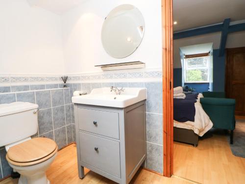uma casa de banho com um WC, um lavatório e um espelho. em Langlands em Barnard Castle