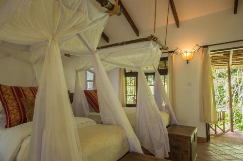 a bedroom with two beds with mosquito nets at Rivertrees Country Inn in Usa River