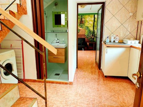 a bathroom with a sink and a washing machine at Magic Home in Slănic