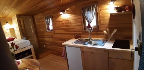 une cuisine avec un évier dans une cabane en rondins dans l'établissement Charmante Roulotte atypique, à Jaujac