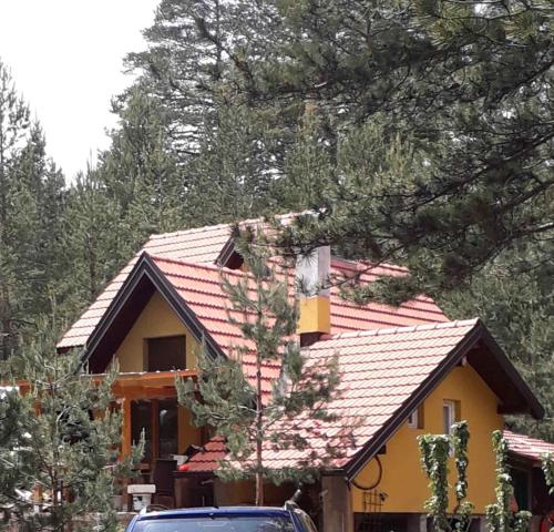 a yellow house with a red roof at Planinska kuca Lunjo & Vuk in Zlatibor