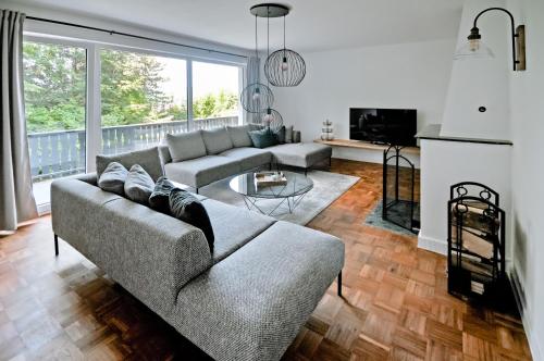 a living room with a couch and a table at Haus Orbis Noster im Harz - Whirlpool und Sauna - direkt am Wald in Bad Grund