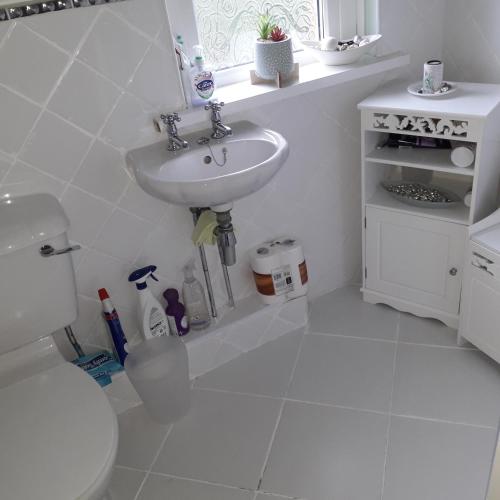 a white bathroom with a sink and a toilet at Blaney house 21 in Newcastle upon Tyne