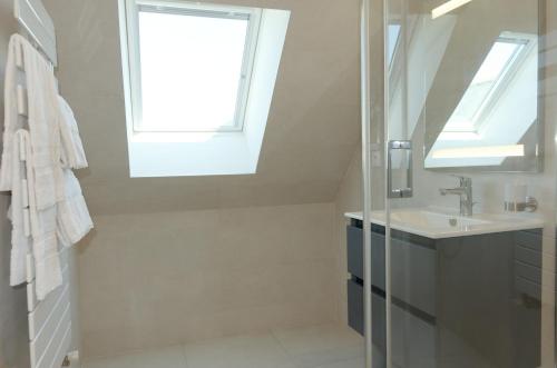 une salle de bain avec une douche et un lavabo et une fenêtre dans l'établissement Maison Golfe du Morbihan - Vue Mer - Plage à 600m - 6 Chambres, à Séné