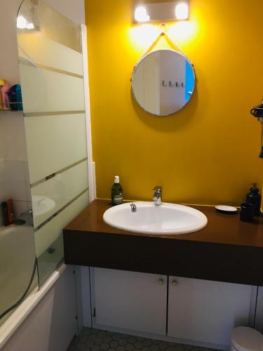 une salle de bain avec un lavabo et un miroir dans l'établissement Bleu Salé - F2 Courseulles avec balcon, à Courseulles-sur-Mer