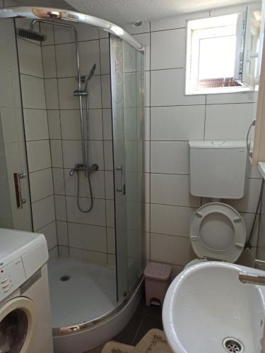 a bathroom with a shower and a toilet and a sink at The Lakes Lagoon in Plav