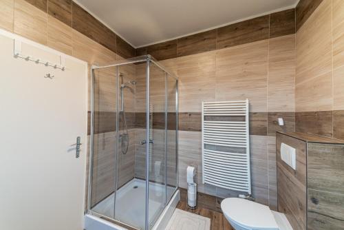 y baño con ducha y aseo. en Penzion Lomská Vyhlídka, en Lom u Mostu