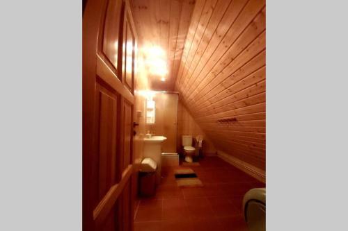 baño con aseo y techo de madera. en Siedlisko Czarny Bocian en Giby