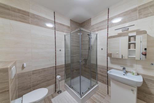 a bathroom with a shower and a toilet and a sink at Penzion Lomská Vyhlídka in Lom u Mostu