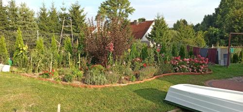 a garden with many flowers in a yard at Agroturystyka Pokój na Skarpie in Kowale Oleckie