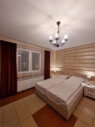 a bedroom with a large bed and a chandelier at Apartamenty Kolorowa in Szczyrk