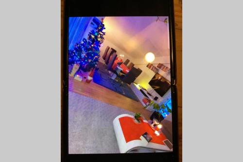 einen TV-Bildschirm mit einem Wohnzimmer mit einem Weihnachtsbaum in der Unterkunft Flott leilighet på Tysnes in Tysnes