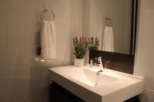 a bathroom with a white sink and a mirror at Rentaparts Sucursal Manquehue in Santiago