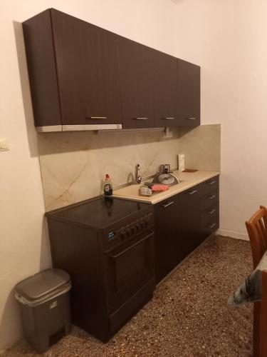 eine Küche mit schwarzen Schränken und einem Waschbecken in der Unterkunft Alas House in Agía Triás