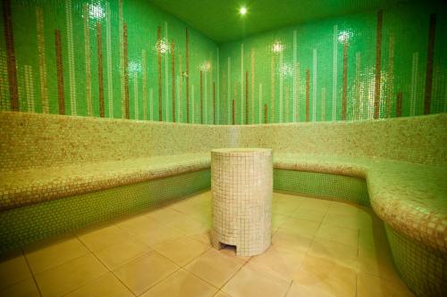 a bathroom with green walls and a bench in it at SPA Hotel Splendor in Lubenia