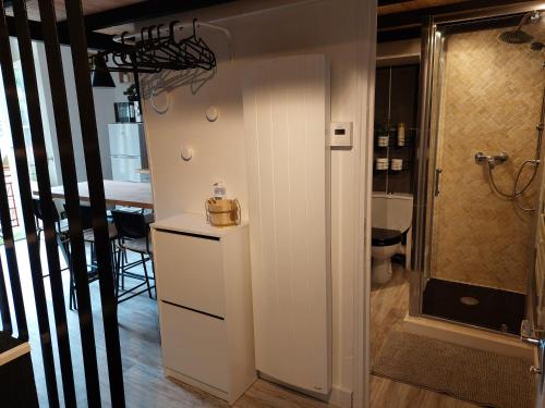 a bathroom with a white cabinet and a shower at Appartement mezzanine 6 personnes avec balcon vue sur la montagne in Cauterets