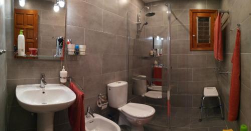 een badkamer met een wastafel, een toilet en een douche bij Apartment mit Sonnenterrasse und Panorama - Meerblick, 5 Min. von Hafen + Strand in Acantilado de los Gigantes