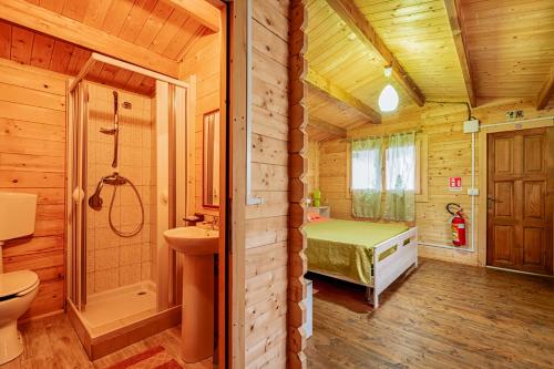 a log cabin bathroom with a bed and a shower at B&B Lao in Papasidero