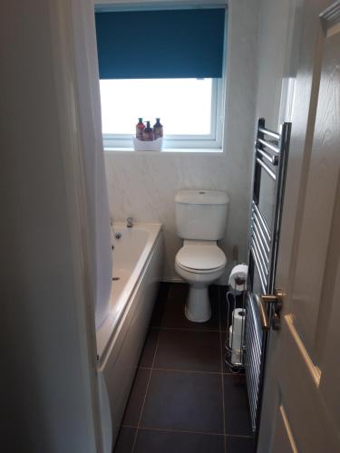 メナイ・ブリッジにあるSnowdonia View on Isle of Angleseyのバスルーム(トイレ、バスタブ付)、窓が備わります。