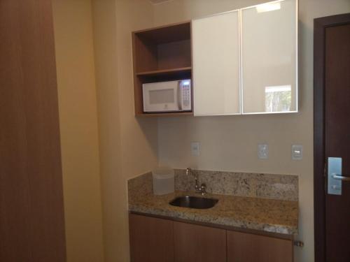 una cucina con lavello e microonde di The Sun Full Condominiun a Brasilia