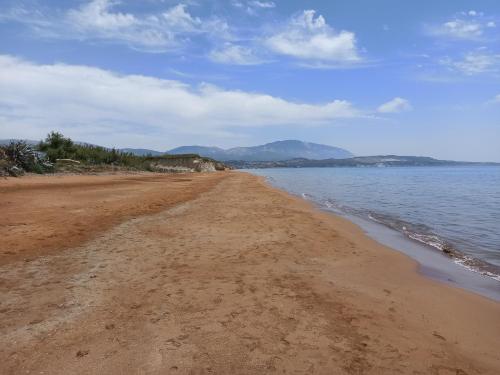 an empty beach with mountains in the distance at BlueTel Lixouri in Lixouri