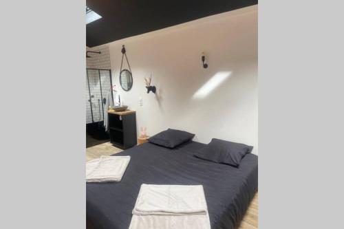 une chambre avec un lit avec deux oreillers dessus dans l'établissement Apt 35 m2 Baignoire Balnéo terrasse privée, à Amfreville-la-Mi-Voie