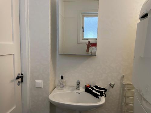 a bathroom with a white sink and a mirror at Lyxig Villalägenhet i centrala Uddevalla - Spabad in Uddevalla