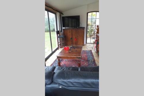 un salon avec un canapé et une table dans l'établissement Maison avec jardin et vue - Le Pont du Loup 06, à Gourdon