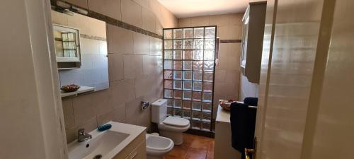 a small bathroom with a toilet and a sink at Casa Aitana in Puerto Calero