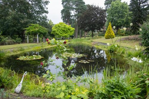 Un estanque en un parque con lirios. en Pinecroft Barn - Relax & Unwind! en Storrington