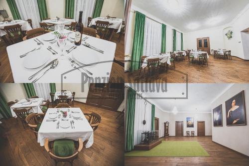 a collage of photos of a restaurant with tables and chairs at Penzion Šatlava in Nové Město nad Metují