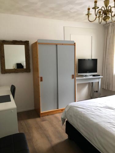 a bedroom with a bed and a tv and a mirror at B&B Het Zonnehuis Boxtel in Boxtel