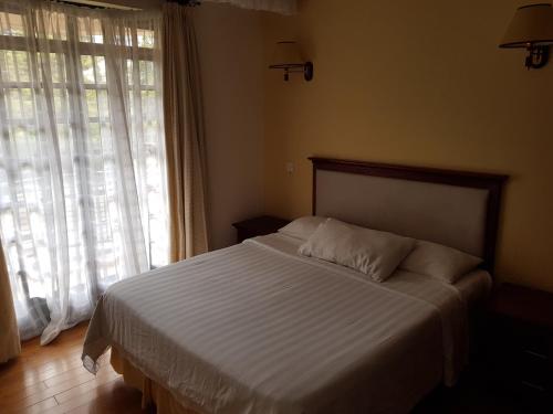a bed in a bedroom with a large window at Natural Oak Apartments in Nairobi