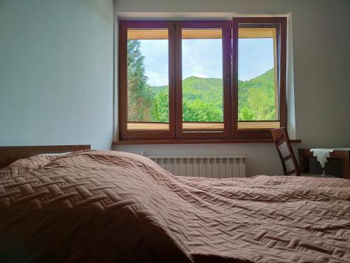 a bedroom with a bed and a window with a view at Agroturystyka u Zbyszka in Tylmanowa