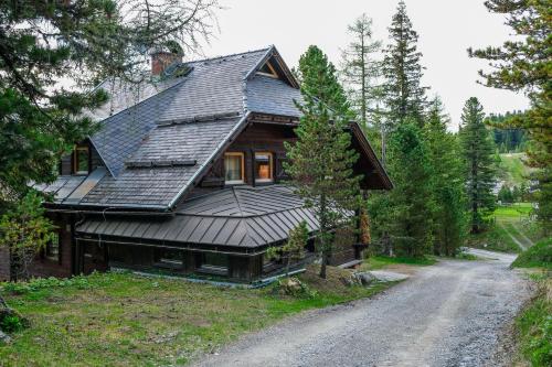 a house with a metal roof on a dirt road at Berghaus Turracherhöhe in Turracher Hohe