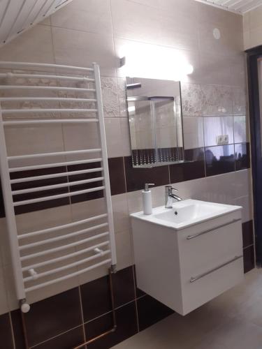 a white bathroom with a sink and a mirror at Toldi Apartman in Keszthely