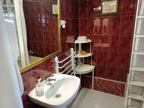 a bathroom with a sink and a mirror at Apartamento Turístico MURALLA DE CÁCERES in Cáceres