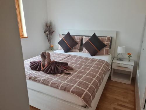 克拉尼斯卡戈拉的住宿－Apartma Svit，一间卧室配有带棕色和黑色枕头的床