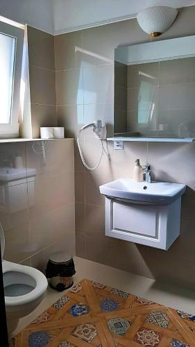 a bathroom with a sink and a toilet at Pensiunea Karola in Păltiniş