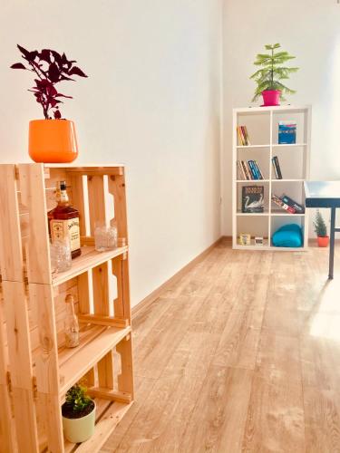 una sala de estar vacía con suelo de madera y plantas en Sportovni apartman, en Náchod