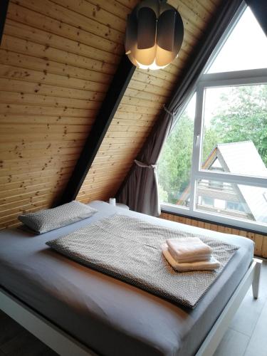 a bed in a room with a large window at Himmelhäuschen in Bischofsheim an der Rhön