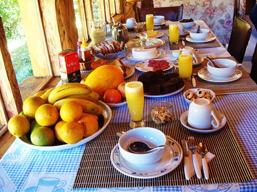 een tafel met een ontbijt van fruit en sap bij Pousada da Oma in Cunha