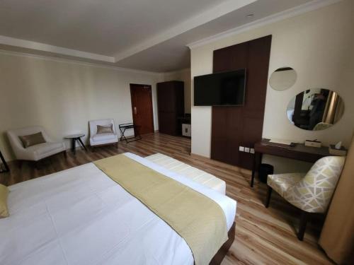 Habitación de hotel con cama grande y TV en Goha Addis Hotel, en Addis Ababa