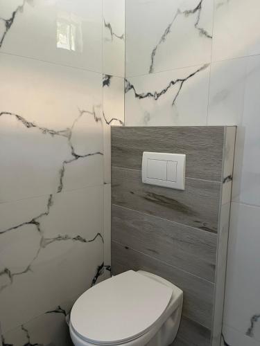 a white toilet in a bathroom with marble walls at Sevilia Rooms in Qeparo