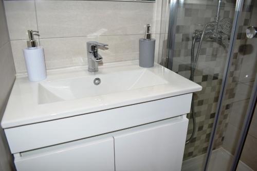 a bathroom with a sink and a shower at Studio Station 3 in Coimbra